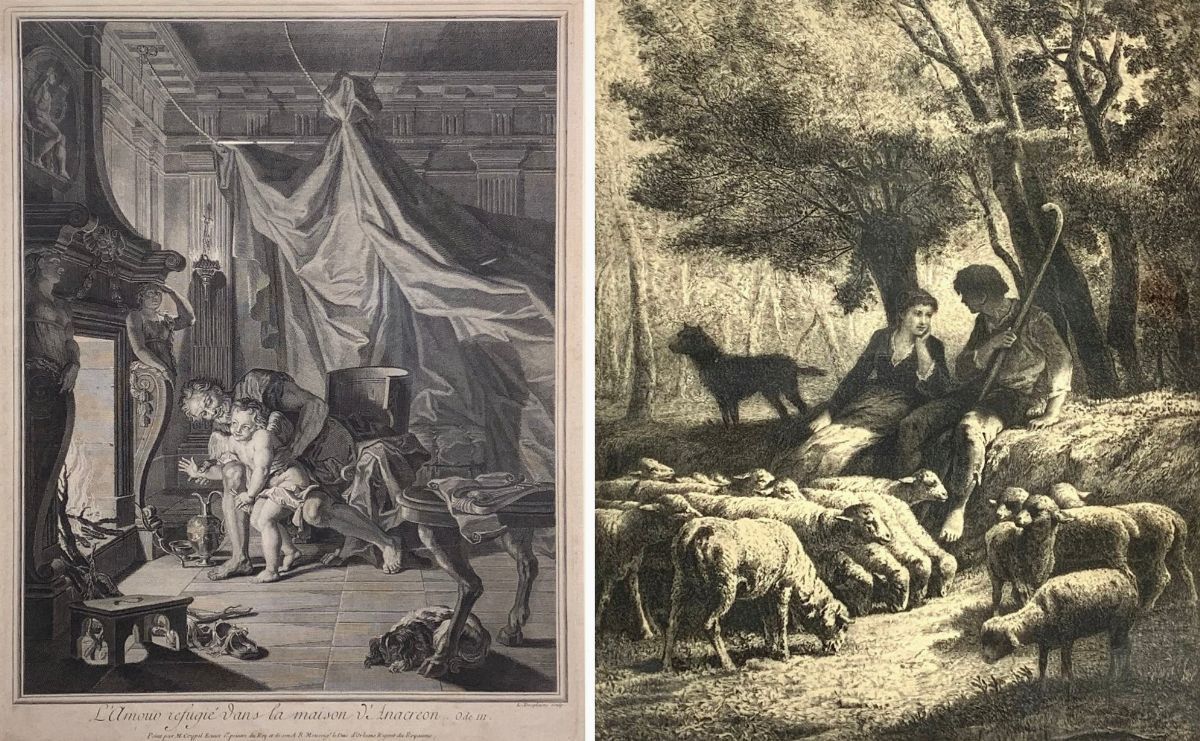 Coppia di incisioni raffiguranti amore in casa di Anacreonte e scena pastorale