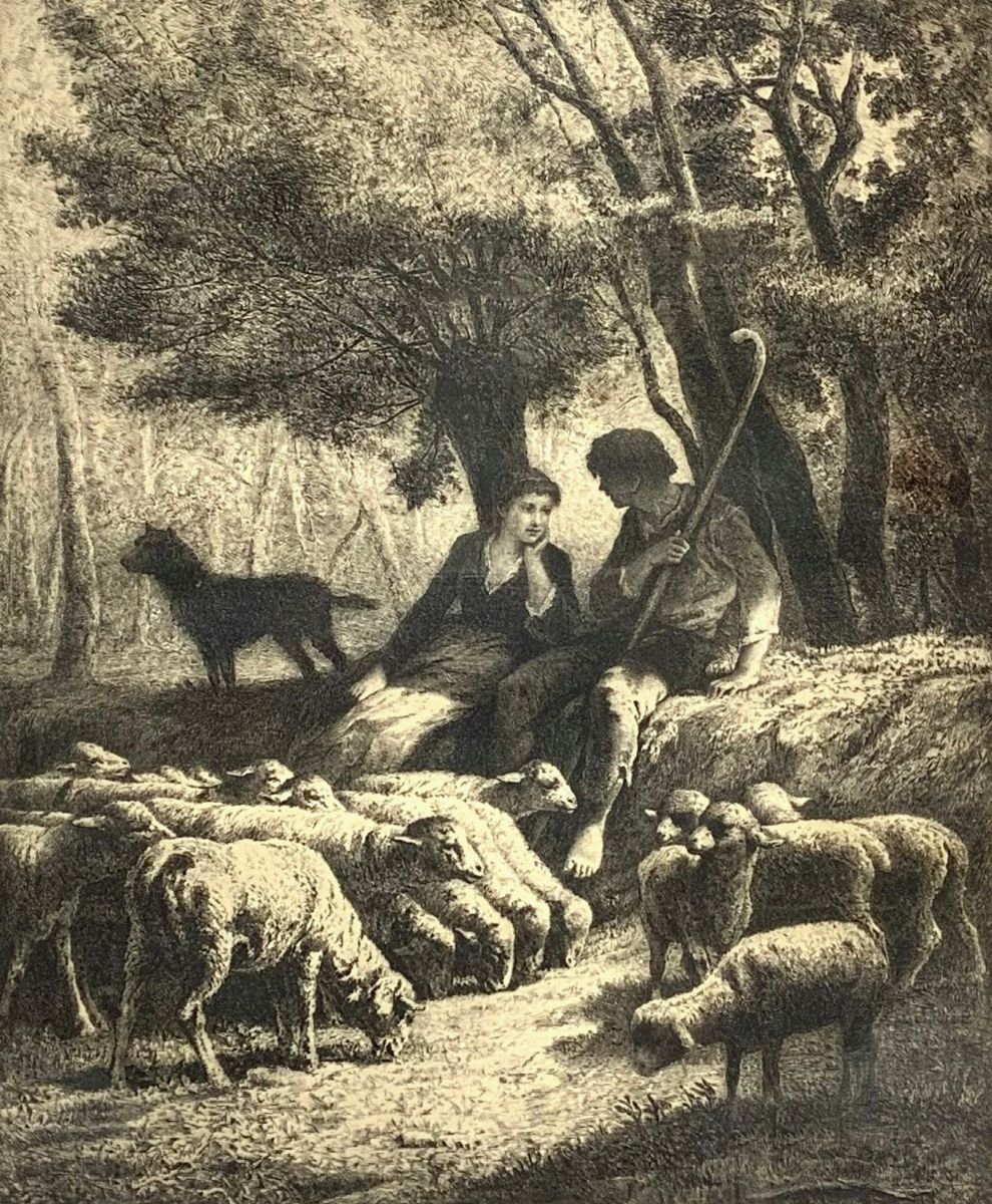 Coppia di incisioni raffiguranti amore in casa di Anacreonte e scena pastorale