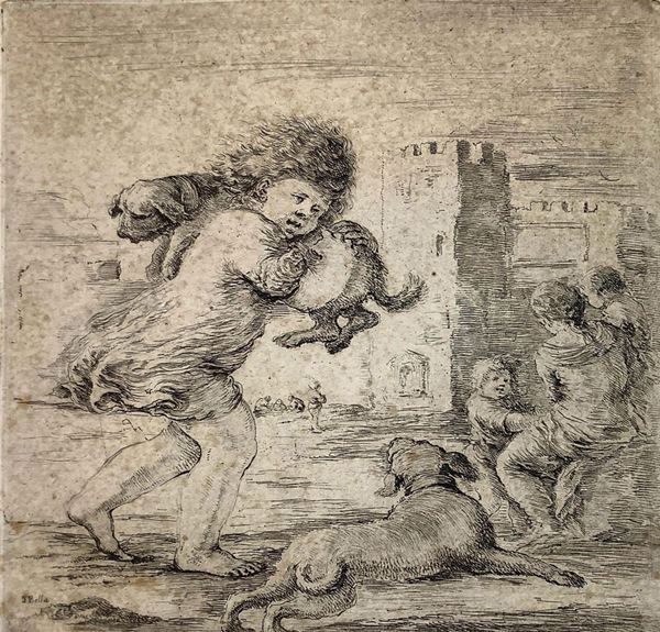 Incisione ad acquaforte, Stefano Della Bella ( Firenze 1610- 1664 Firenze). Incisione  firmata in basso a sinistra raffigurante scene di vita quotidiana e popolare. In basso a matita scritta che indica la numerazione del Catalogo ragionato  “De Vesme Alexande"
145x135 mm. Privo della cornice. Buona incisione da rame. Stefano Di Bella, scolaro del Gianbologna scultore, fu un autodidatta che prese a studiare il Callot da cui fu molto influenzato. Può considerarsi un grafico puro del suo tempo in