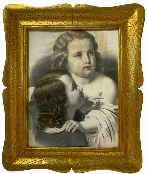 Wooden picture frame with golden tray mecca with gouache depicting two girls. 20th century. 70x59 cm (external measures). Cm 50x38 (internal measures).