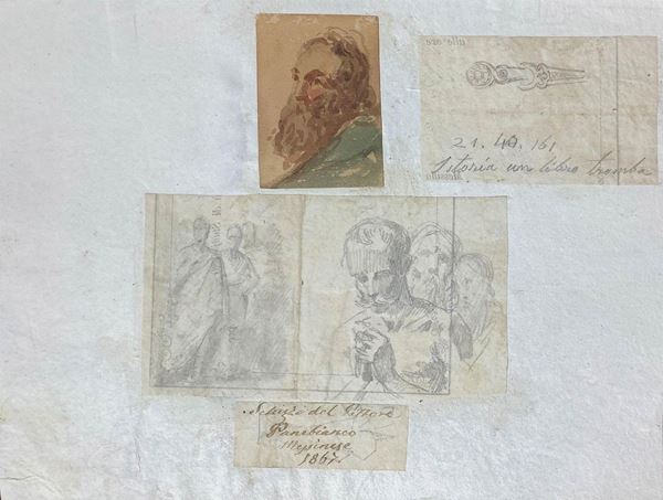  Piccolo acquarello raffigurante studio di volto uomo con barba ( 60x42 mm) insieme a disegni a matita su carta(73 x 13mm )(51 x 83 mm), pittore Michele Panebianco (1806-1873). Con scritta Panebianco Messinese 1867. 185 x 243 mm