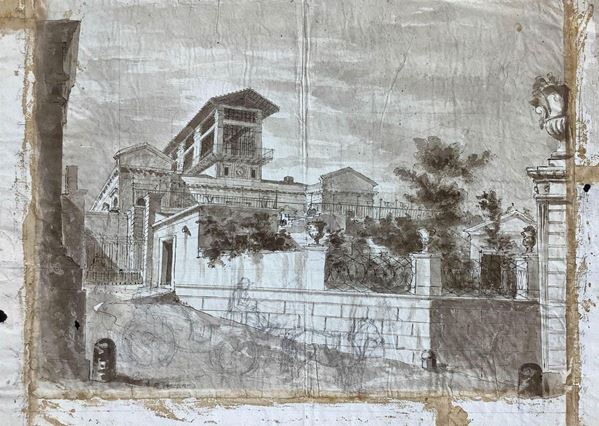 Disegno a matita su carta raffigurante villa gentilizia (incompleto).  Datato 15 ottobre 1866. 340 x 470 mm