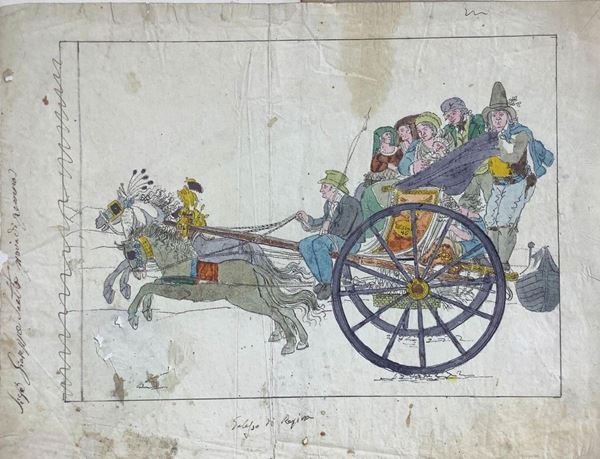 watercolor piece drawing on paper depicting chariot G. Saitta signature characters. Cm 25x30