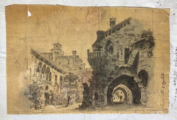  Disegno raffigurante al primo lato scena atto "II Rigoletto", sul retro disegno a china di nudo femminile. A inchiostro bruno su carta velina leggera d’epoca '700, con supporto di carta vergellata antica d’epoca '800. 255x170 mm