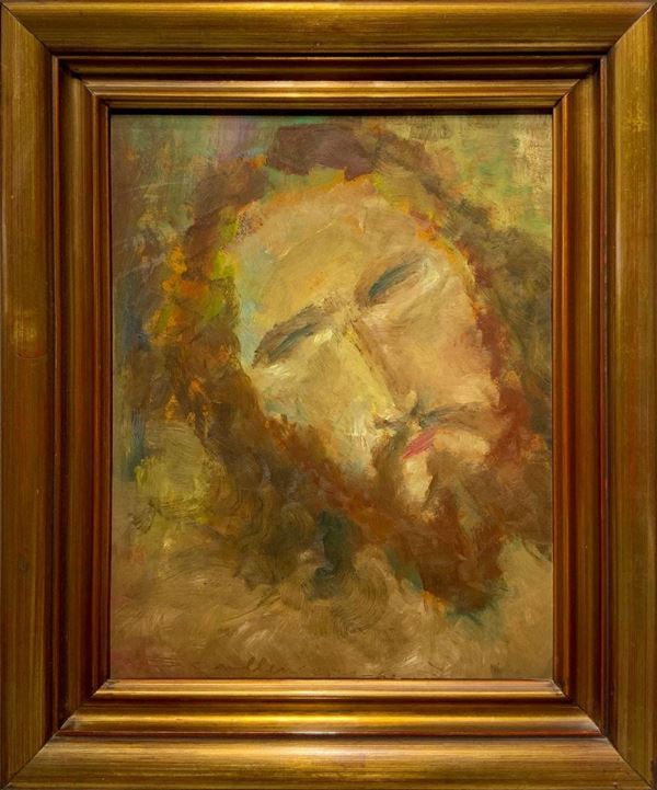 Oil painting on masonite depicting the face of Christ. 42X33 Cm. S.Camilleri Signed and dated 25/2/67 in the bottom left.
