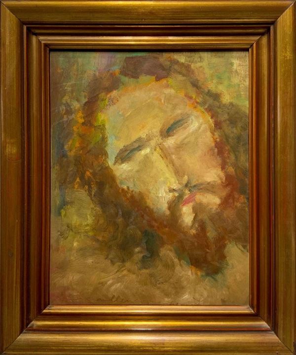 Dipinto ad olio su masonite raffigurante volto di Cristo. Cm 42x33. Firmato S.Camilleri e datato 25.2.67 in basso a sinistra.