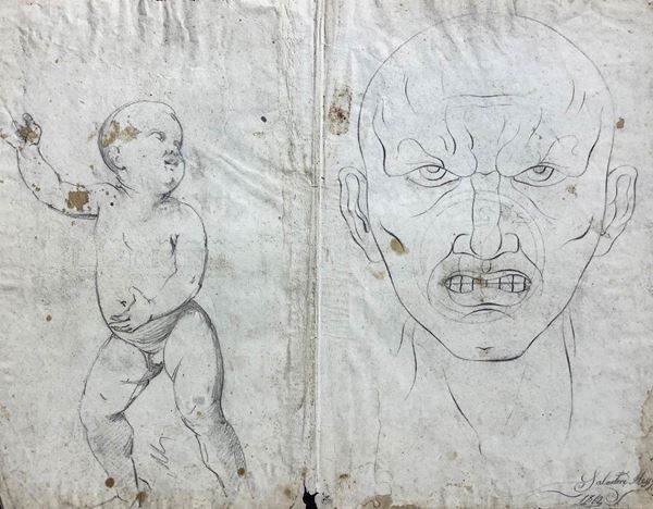 Disegni a matita su carta fronte e retro raffigurante studi di volti e puttino, firmato in basso a destra Salvatore Alessi 1862.  320x426mm