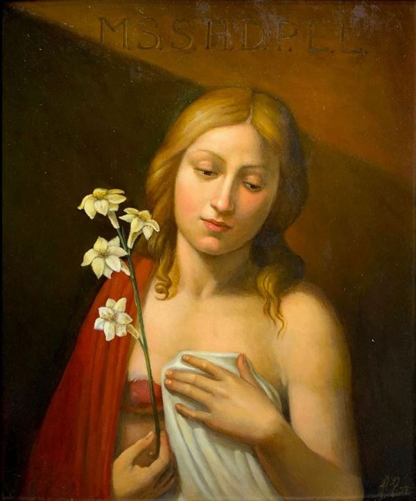 Dipinto ad olio su tavola raffigurante Sant’Agata con narciso. Cm 33x26. Firmato e datato ’97 in basso a destra.

