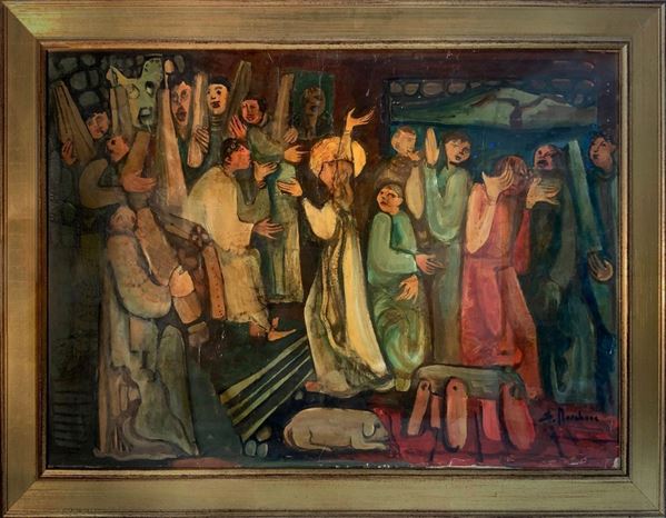 Dipinto ad olio su tela applicata su masonite raffigurante allegoria del processo a S.Agata. Cm 60x90. Salvatore Marchese (Catania 1947). Firmato S. Marchese in basso a destra.
