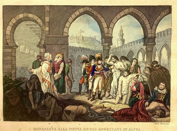 Etching in the beautiful setting of SantaMaria gilded wood, color depicting Bonaparte visiting the plague victims. 250x310 mm