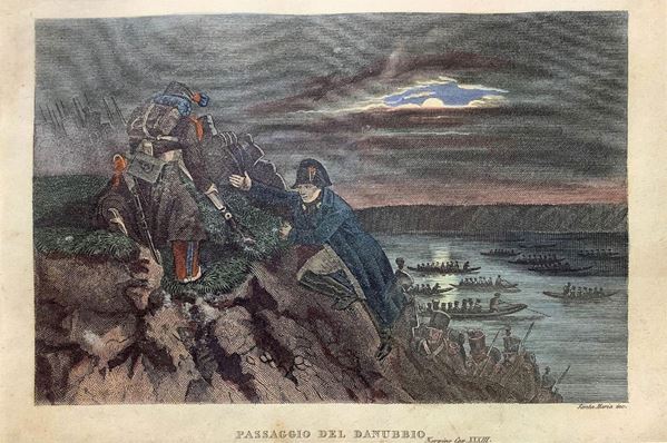 Etching in beautiful gilded wooden frame of SantaMaria, Color depicting Napoleon crossing the Danube. 250x310 mm
