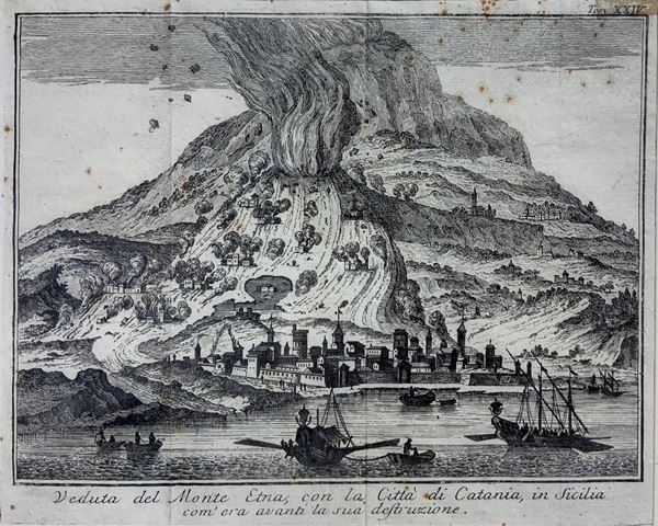 Etchings depicting Mount Etna with the city of Catania as was ahead of its destruction . 16x 20 cm, in frame