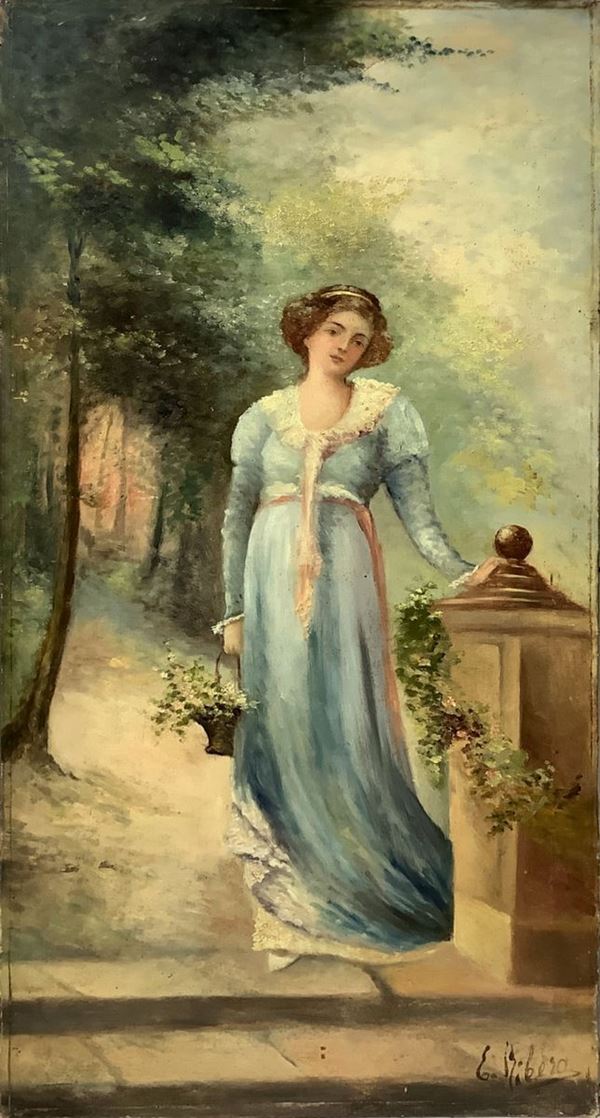 Oil painting on canvas depicting maiden, late nineteenth, early twentieth century. 105x49 cm. Strain to the canvas