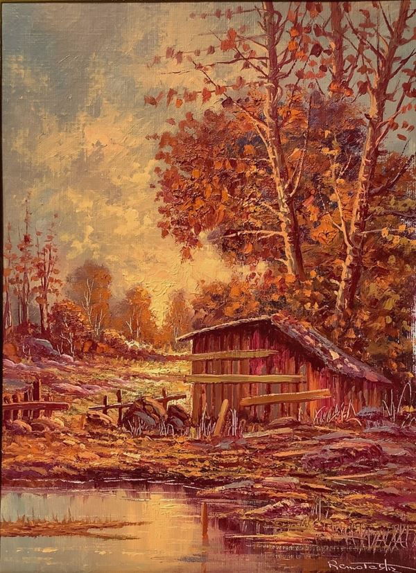 Remo Testa - Cascina con alberi sul lago al tramonto