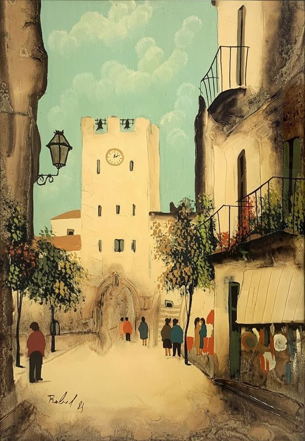 Robel - Dipinto ad olio su tela raffigurante torre con l'orologio di Taormina. Firmato in basso a sinistra Robel e datato &rsquo;83.Robel (1885-1948). Cm 50x70, in cornice cm 85x65