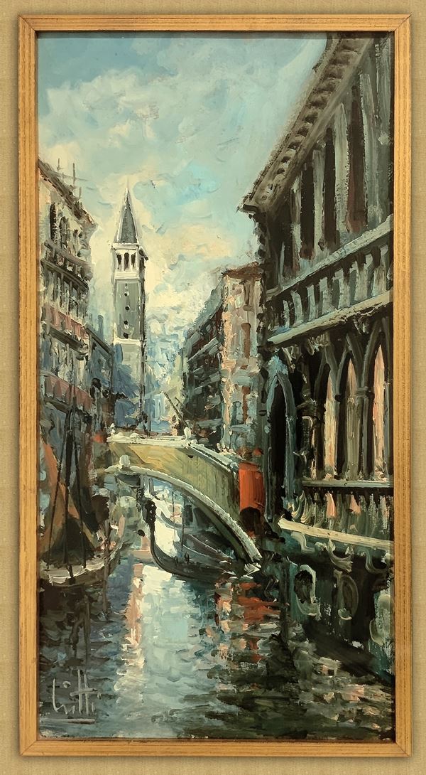 Pietro Virgilio  Lietti - Dipinto ad olio su tela raffigurante canale di Venezia. Firmato in basso a sinistra Liatti.. Cm 60x30, in cornice cm 80x50