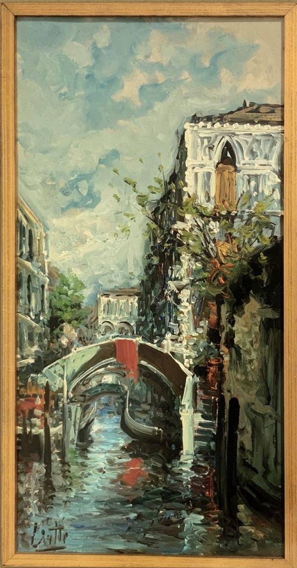 Pietro Virgilio  Lietti - Dipinto ad olio su tela raffigurante canale di Venezia. Firmato in basso a sinistra Lietti. Pietro Virgilio Lietti (Monza 1928). Cm 60x30, in cornice cm 80x50