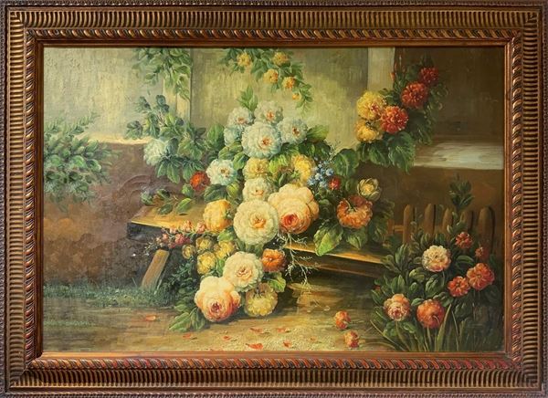 Dipinto ad olio su tela raffigurante natura morta di fiori. Inizi XX secolo. Cm 60x90, in cornice cm 75x105