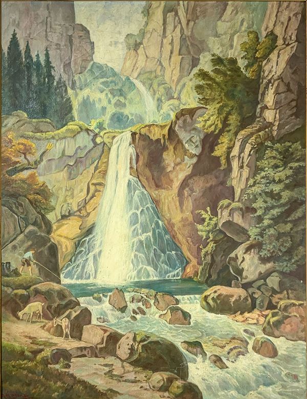 Dipinto ad olio su tela raffigurante fiume con cascata d'acqua, firmato in basso a sinistra R. Magena. Inizi XX secolo. Cm 70x80, in cornice cm 110x88