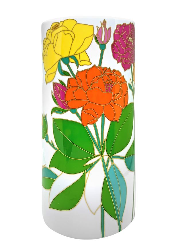 Rosenthal - W.Bauer, Rosenthal Studio Line, Vaso dipinto con smalti a motivo floreale. anni 70. H cm 24. Base cm 11