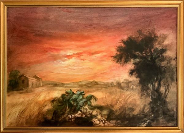 Dipinto ad olio su tela raffigurante paesaggio al tramonto, firmato M.Turiano. 

Cm 100x70