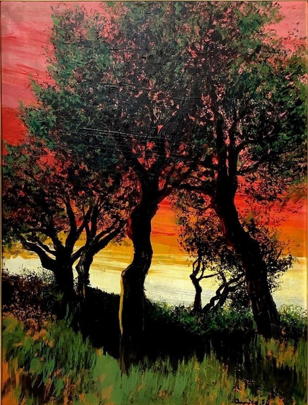 Dipinto ad olio su tela raffigurante paesaggio con alberi al tramonto. Firmato in basso a sinistra Amico 74
Cm 80x60. 