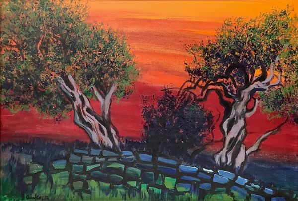 Dipinto ad olio su tela raffigurante paesaggio con alberi. Firmato in basso a sinistra Amico 74
Cm 53x80. 