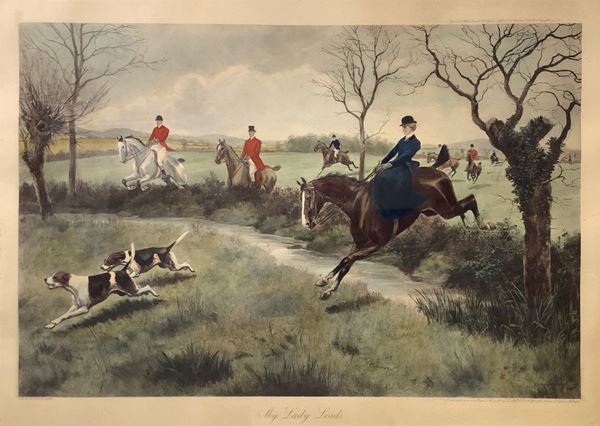 Incisione ad acquaforte colorata a mano raffigurante â€œMy Lady Leadsâ€ scena di caccia alla volpe. George Derville Rowlandson (1861-1928). London ... 