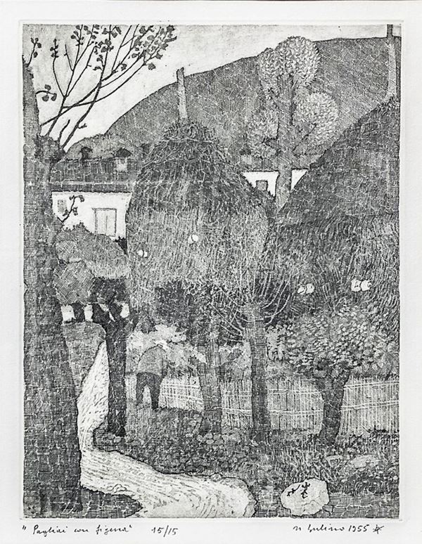Etching engraving depicting patches with figure, 15/15. Signed at the bottom right and top left Nunzio Gulino 1955. (Comiso 1920-Roma ...