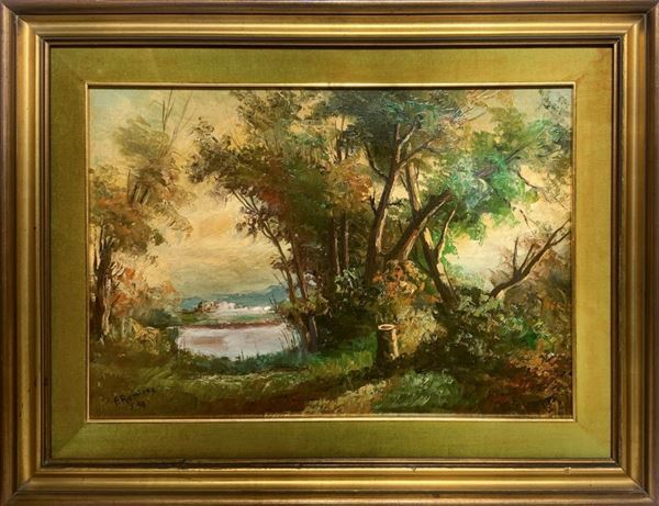Dipinto ad olio su tela raffigurante paesaggio, Firmato Ramirez e datato 7/54. Cm 45x65, in cornice cm 68x88
Cm 45 x 65, in cornice cm 68x88