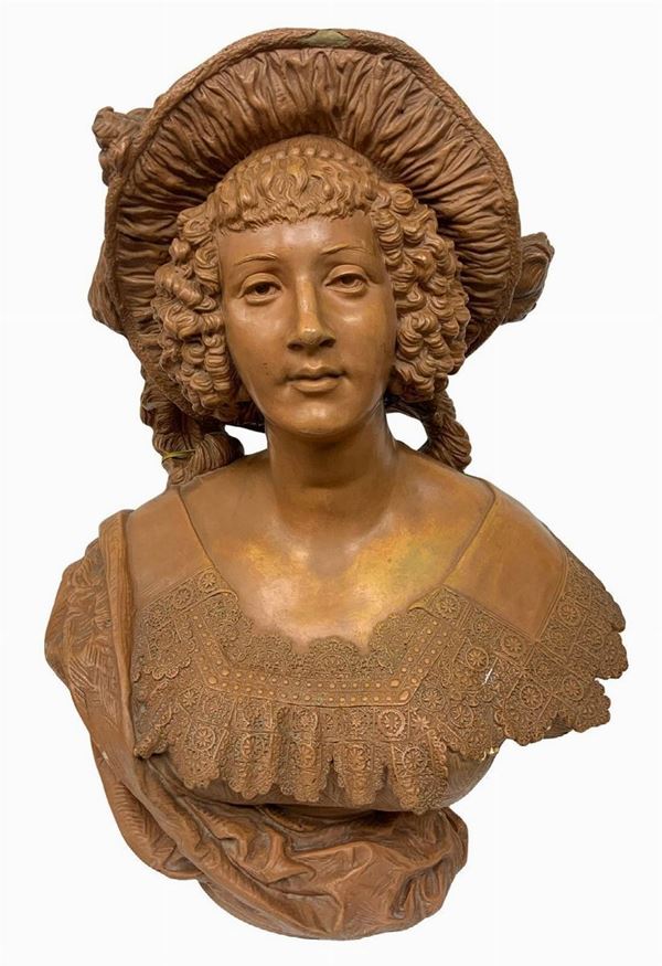 Mezzobusto di donna in terracotta di Jean Rordorf, scultore austriaco del XIX secolo che ha esposto al Salone di Vienna nel 1871.