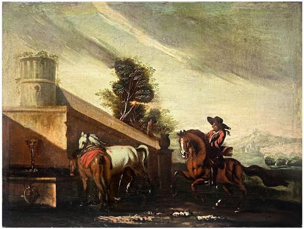 Philips Wouwerman - Dipinto ad olio su tela raffigurante due personaggi a cavallo. Cm 57x76. Philippe Wouwerman, figlio del pittore Paul Joosten Wouwermann, crebbe in una famiglia di pittori in quanto anche i suoi fratelli Jean e Peter lo erano. Conosciuto come pittore di genere si dedicò al paesaggio sulla scia di Van de Laer che fu un pittore che era stato in Italia ed eseguiva dipinti di paesaggi italianizzanti. Le opere di  Wouwerman sono raffigurazioni della vita quot