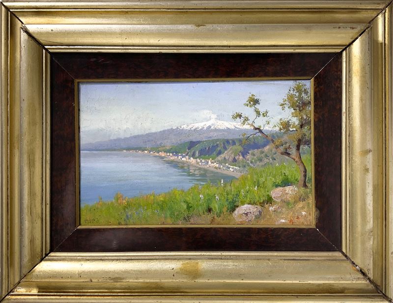 Mario Mirabella (Palermo 1870-1931). Veduta dell’Etna da Taormina. 23x37