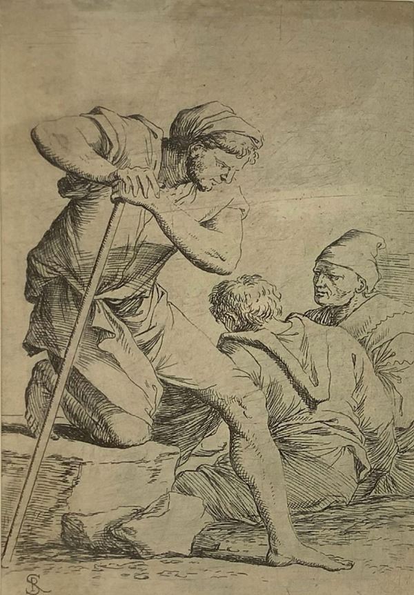 Incisione ad acquaforte a punta secca, Salvator Rosa (Napoli 1615-Roma 1673) raffigurante uomo con bastone e due personaggi seduti di cui uno di spalle. Monogramma a sinistra. Tratto da "Diverse  figure ".
Incisione all’acquaforte da lastra di rame, mm140x90. Ottima incisione da rame stampata in carta coeva, di II stato. La raccolta di “Diverse figure” è senza dubbio l’opera grafica più famosa di Salvador Rosa, già in epoca considerata un modello per i giovani artisti ed in essa si svolgono te