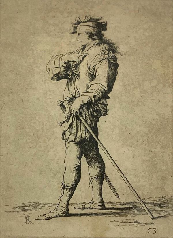  Incisione ad acquaforte a punta secca, Salvator Rosa (Napoli 1615-Roma 1673) raffigurante uomo con bastone a sinistra e spada a destra, tratto da "Diverse  figure ".
Incisione all’acquaforte da lastra di rame, mm140x90. Monogrammata a sinistra e numerata a destra 53(1656/58). Ottima incisione da rame stampata in carta coeva, di II stato. La raccolta di “Diverse figure” è senza dubbio l’opera grafica più famosa di Salvador Rosa già in epoca considerata un modello per i giovani artisti ed in es