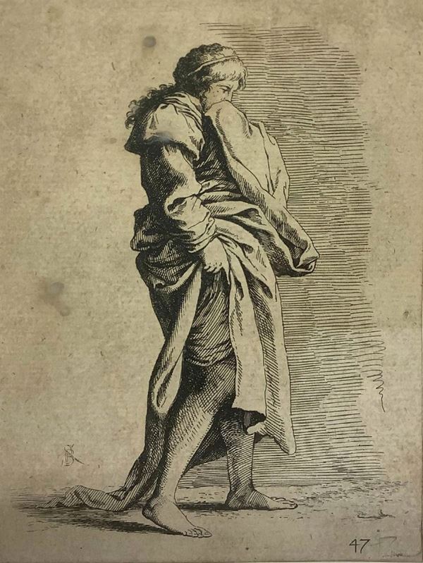  Incisione ad acquaforte a punta secca Salvator Rosa (Napoli 1615-Roma 1673) raffigurante donna che si copre il viso, tratto da "Diverse  figure " Incisione all’acquaforte da lastra di rame, mm140x90. Monogrammata a sinistra e numerata a destra 47(1656/58). Ottima incisione da rame   
 stampata in carta coeva, di II stato. La raccolta di “Diverse figure” è senza dubbio l’opera grafica più famosa di Salvador Rosa già in epoca considerata un modello per i giovani artisti ed in essa su svolgono t