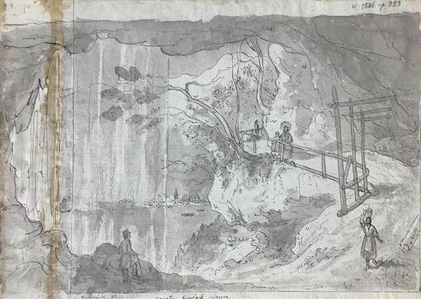 brown ink drawing on paper depicting waterfall Giessbach (Switzerland) with characters dated April 5 83. 370x270mm