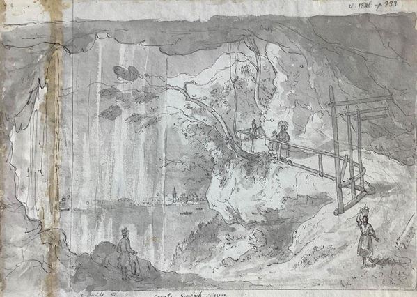  Disegno a inchiostro bruno su carta raffigurante Cascata Giessbach (Svizzera) con personaggi. Datato 5 aprile 83. 370x270mm