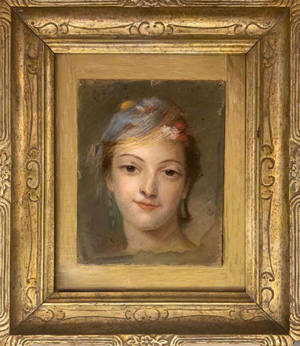 Dipinto ad olio su tela raffigurante donna con cappello e fiori, XIX Secolo. . H cm 22x 17, tecnica mista su cartoncino