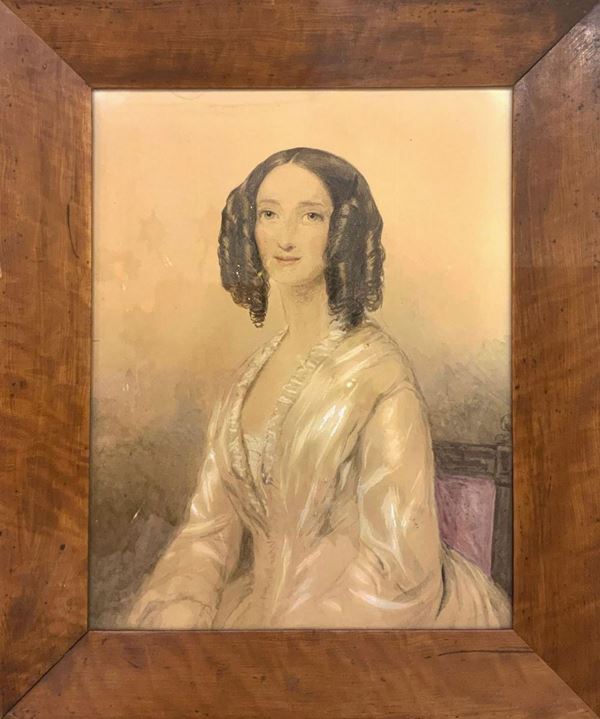 Mixed media painting on paper depicting lady, nineteenth century. Cm29,5x22,