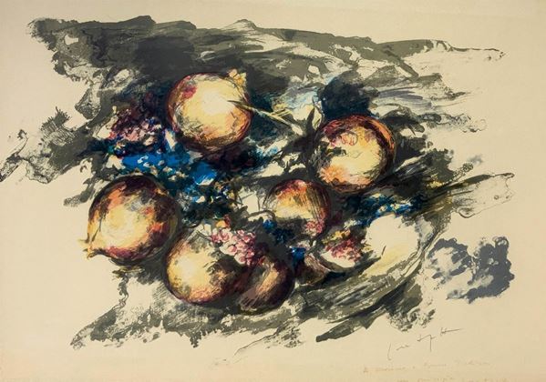 Contraffatto lithography on paper, proof, depicting pomegranates framed 37x60 cm 60x80 cm