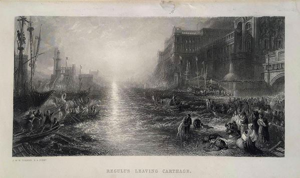 Incisione raffigurante R. A. Pinx Regulus Leaving Carthage, J.M.W. Turner. Cm 17x29,5.
