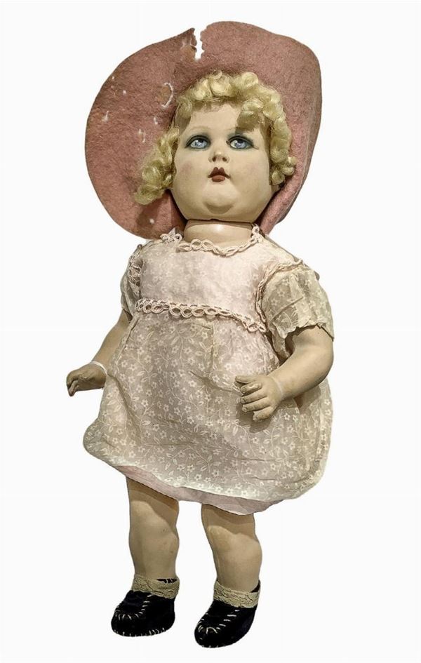 Celluloid doll "peach skin", pink dress with shoes in black velvet, mohair hair, painted eyes, stiff limbs, signing Turtle, '30s, Germany origin, h 30 cm