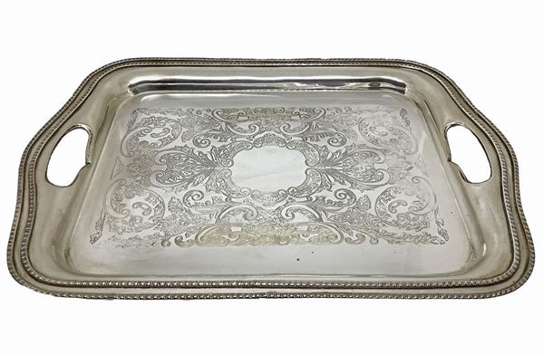 Nickel silver inlaid tray. Cm 45x31,7