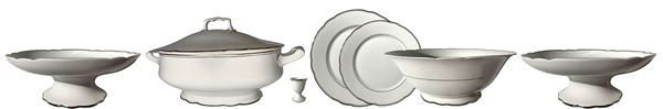 Set Ginori 1930 for 12 with 2 risers, 1 bowl, 2 hors d'oeuvre, 1 vegetable plate, 6 egg cups.