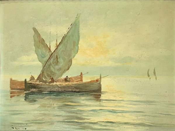 Oil painting on masonite depicting river landscape with boats. Mm 240x315, in frame 41x55 cm. signed on the lower dinistra Raimondo Scoppa

