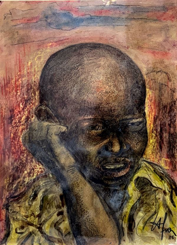 Mixed media on paper depicting young black. Signed Cafra (Cafra Francis), XX century. Dated 86. Cm 49x34, 67x53 in coenice