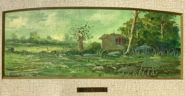 Remo Testa - Dipinto ad olio su tela raffigurante paesaggio con cascina, Remo Testa. Cm 30x11, in cornice cm 26x43
