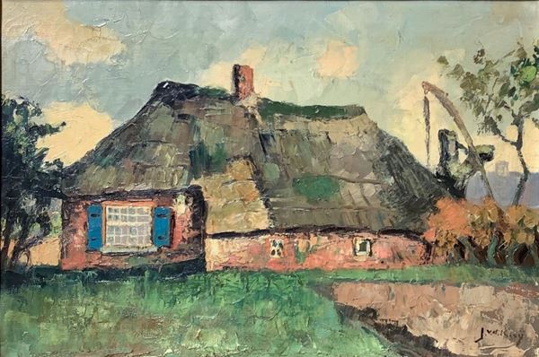 Oil painting on canvas depicting a country house. signed on the lower right V. J. D. Klaj, XX century. 38x58 cm, in frame 52x72 cm
