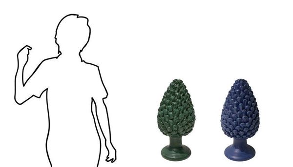 Pair of terracotta cones of green and blue Caltagirone. H 53 cm